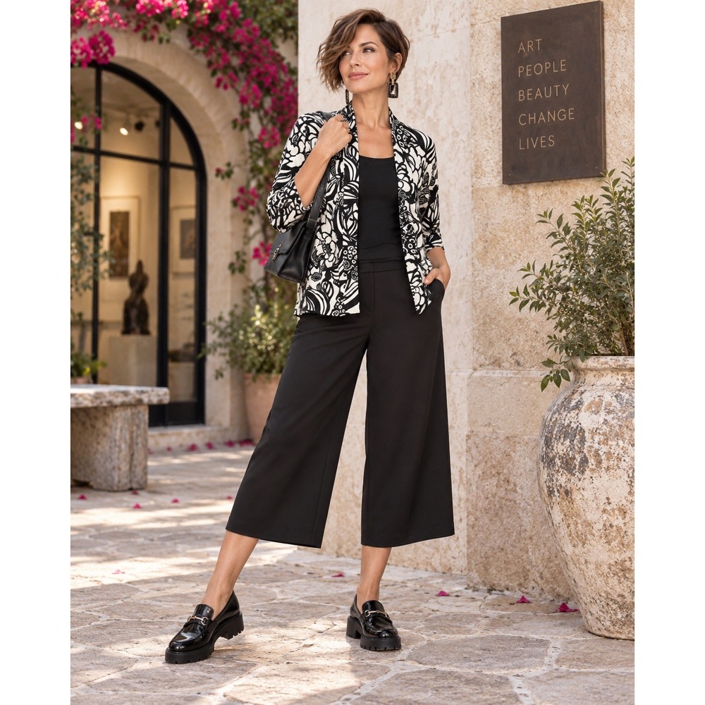 Allison Daley Petite Black Ivory Floral Open Front Cardigan Jacket PM